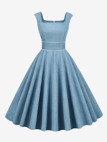 ベビーブルーレトロドレス 1950 年代オードリーヘプバーンスタイルベビーブルーパイピングノースリーブスクエアネックミディアムロカビリードレス