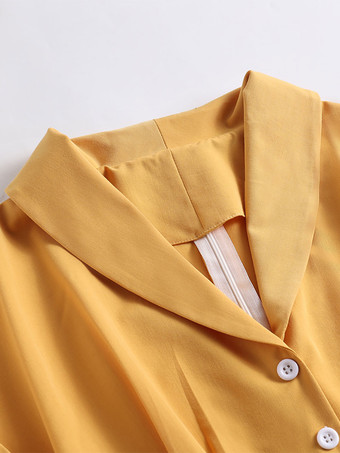 ヴィンテージ グラマー ドレス ターンダウン カラー ボタン 1950 年代 オードリー ヘップバーン スタイル 半袖 ミディアム イエロー ロカビリー ドレス