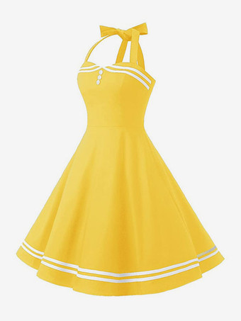 レトログラマードレス 1950年代 オードリー ヘップバーン スタイル アクアティック チェック柄 バックレス ボタン ノースリーブ スウィートハートネック ミディアム ロカビリー ドレス