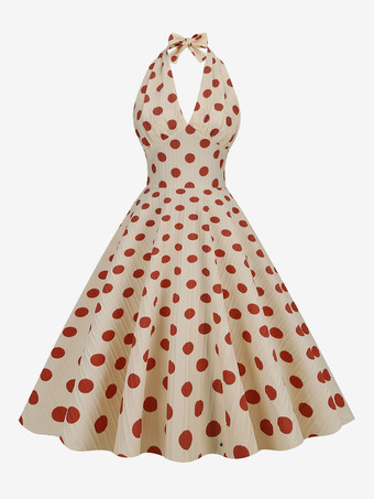 ヴィンテージ ドレス レッド 1950 年代 オードリー ヘプバーン スタイル 水玉模様 プリーツ ノースリーブ V ネック ミディアム スイング ドレス