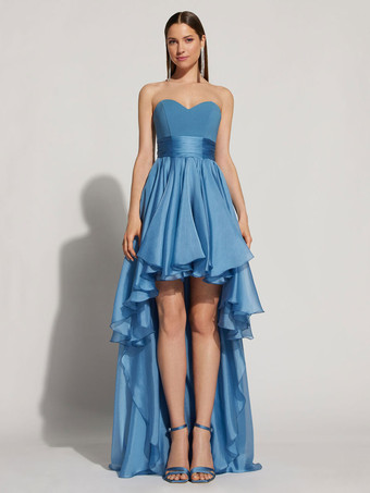 ブルーモダンなホームカミングドレスショートAラインストラップレスドレス無料カスタマイズ