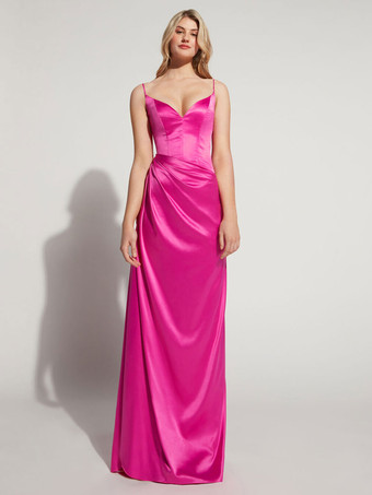 ローズレッドイブニングドレス Aライン Vネック マキシレングス ノースリーブ ジッパー 弾性シルクのようなサテン フォーマルパーティードレス 無料カスタマイズ