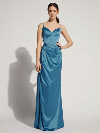 Abendkleider V-Ausschnitt Hochzeit ärmellos Dazzling Blau Elastische Kunstseide Anlass Kleider A-Linie- und Reißverschluss bodenlang
