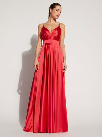 Abendkleider V-Ausschnitt Hochzeit A-Linie- Elastische Kunstseide ärmellos Anlass Kleider Rot  bodenlang