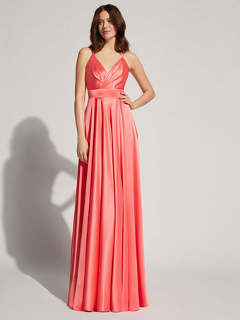 ブリックレッドイブニングドレス Aライン Vネック 弾性シルクのようなサテン マキシレングスフォーマルパーティードレス 無料カスタマイズ