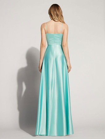 イブニングドレス A ライン スクエアネック ノースリーブ バックレス スプリット フロント サテン ソーシャル ページェント ドレス 無料カスタマイズ