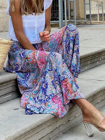 レディース スカート ブルー フリル 花柄 ロング レイズド ウエスト ボトムス