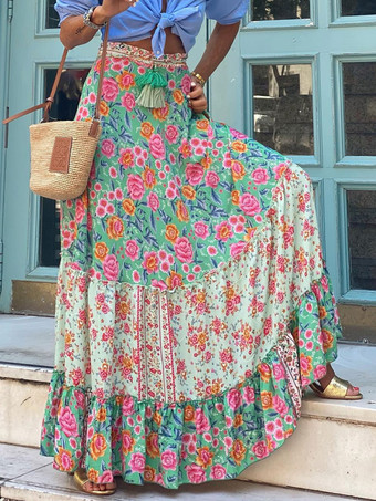 グリーン レディース スカート ブルー フリル 花柄 ロング レイズド ウエスト ボトムス