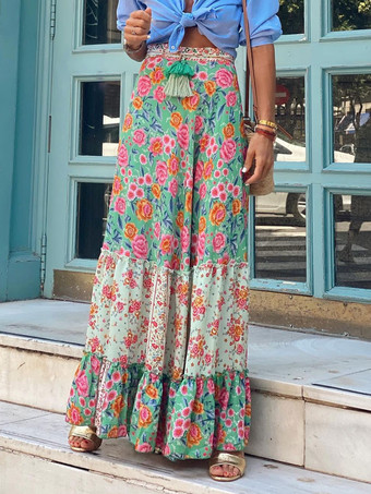 レディース スカート ブルー フリル 花柄 ロング レイズド ウエスト ボトムス