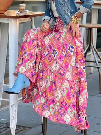 ピンクレディース スカート ブルー フリル 花柄 ロング レイズド ウエスト ボトムス