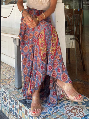 レディース スカート ブルー フリル 花柄 ロング レイズド ウエスト ボトムス