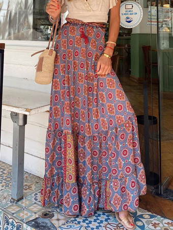 ブラウン レディース スカート ブルー フリル 花柄 ロング レイズド ウエスト ボトムス