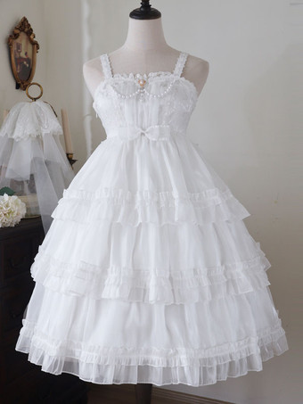 ホワイト スイートロリータドレスポリエステルノースリーブジャンパーロリータドレス