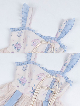 和風ロリータコスチューム ロリータドレス ポリエステル フリル 花柄 中国風 ノースリーブ エクリュ ホワイト