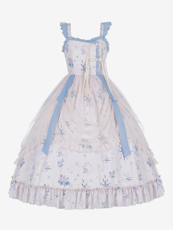 和風ロリータコスチューム ロリータドレス ポリエステル フリル 花柄 中国風 ノースリーブ エクリュ ホワイト