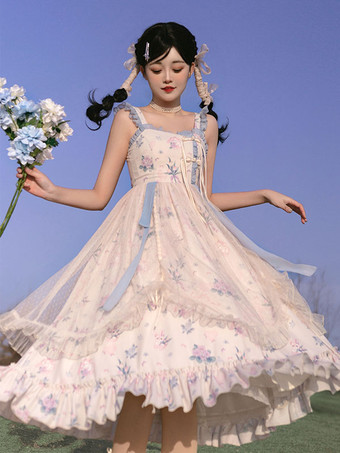 和風ロリータコスチューム ロリータドレス ポリエステル フリル 花柄 中国風 ノースリーブ エクリュ ホワイト