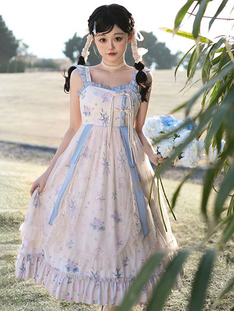 和風ロリータコスチューム ロリータドレス ポリエステル フリル 花柄 中国風 ノースリーブ エクリュ ホワイト