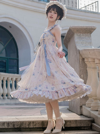 和風ロリータコスチューム ロリータドレス ポリエステル フリル 花柄 中国風 ノースリーブ エクリュ ホワイト