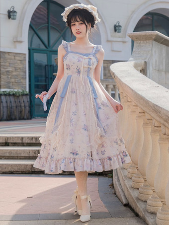 和風ロリータコスチューム ロリータドレス ポリエステル フリル 花柄 中国風 ノースリーブ エクリュ ホワイト