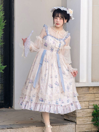 和風ロリータコスチューム ロリータドレス ポリエステル フリル 花柄 中国風 ノースリーブ エクリュ ホワイト