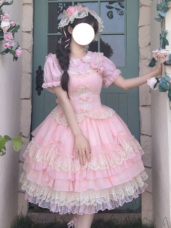 ピンクロリータドレス ポリエステル スウィート ノースリーブ ジャンパードレス