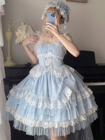 ライトスカイブルーロリータドレス ポリエステル スウィート ノースリーブ ジャンパードレス