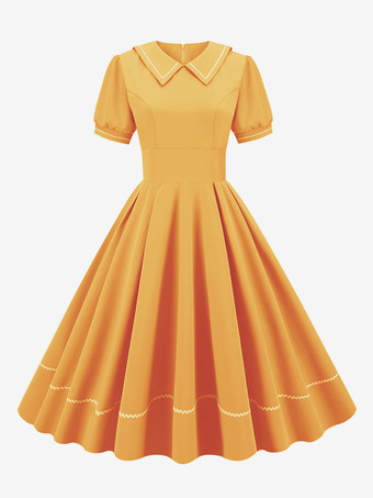 ヴィンテージドレス 1950 年代オードリーヘップバーンスタイル黄色半袖ターンダウンカラーミディアムスイングドレス