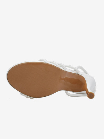 ホワイトヒールサンダル ラウンドトゥ スティレットヒール アンクルストラップ ブライズメイドシューズ