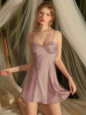 ラベンダーカラー女性シュミーズ白いシルクのようなレースの背中の開いたランジェリー
