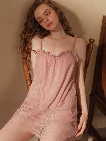 サーモンピンク女性のためのシュミーズ白いレースのレイヤードランジェリー