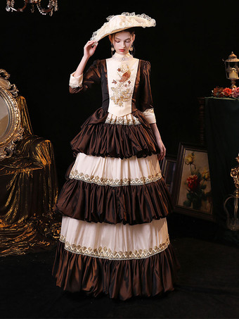 コーヒー ブラウン レトロ衣装ポリエステル ドレス女性のルネッサンス マリー ・ アントワネット衣装パーティー ウエディング ドレス