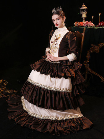 コーヒー ブラウン レトロ衣装ポリエステル ドレス女性のルネッサンス マリー ・ アントワネット衣装パーティー ウエディング ドレス