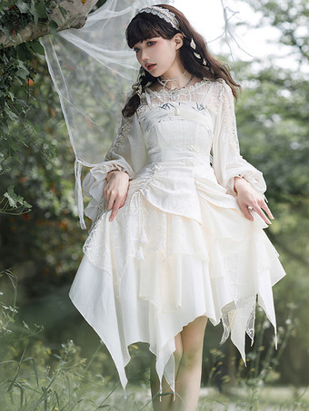 甘いロリータ ブラウス エクリュ ホワイト ロリータ トップ長袖刺繍レースアップ ロリータ シャツ