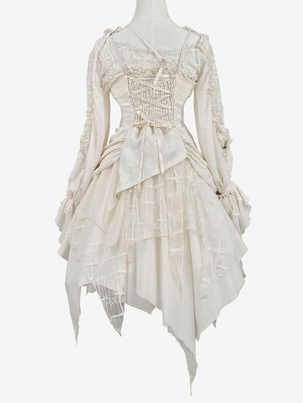 甘いロリータ ブラウス エクリュ ホワイト ロリータ トップ長袖刺繍レースアップ ロリータ シャツ