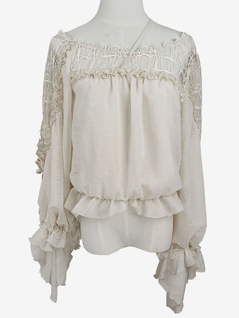 アイボリー 甘いロリータ ブラウス エクリュ ホワイト ロリータ トップ長袖刺繍レースアップ ロリータ シャツ