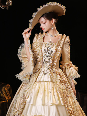 シャンパンレトロコスチューム女性用ポリエステルドレスユーロスタイルマリー・アントワネットコスチュームパーティーウエディングドレス