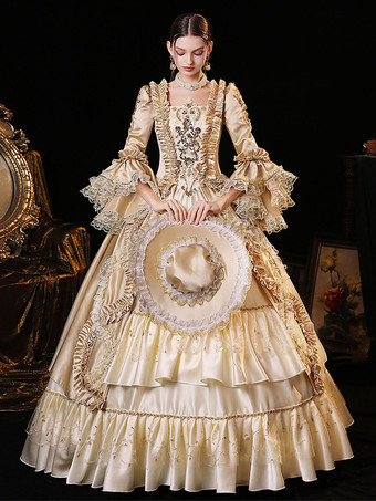 シャンパンレトロコスチューム女性用ポリエステルドレスユーロスタイルマリー・アントワネットコスチュームパーティーウエディングドレス