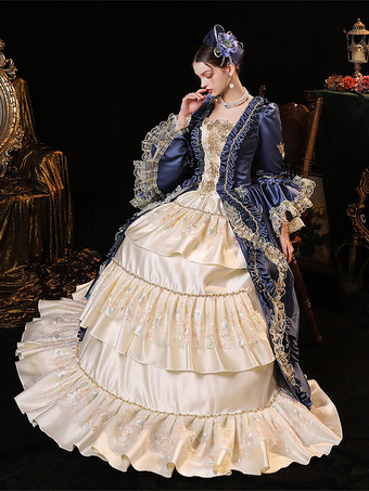 ブルーのレトロなコスチューム ポリエステル ドレス マリー ・ アントワネットの衣装の女性のバロック様式の古着