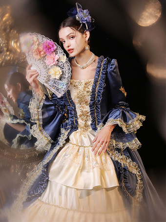 ブルーのレトロなコスチューム ポリエステル ドレス マリー ・ アントワネットの衣装の女性のバロック様式の古着