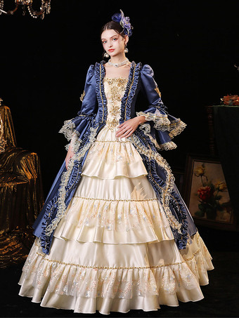ブルーのレトロなコスチューム ポリエステル ドレス マリー ・ アントワネットの衣装の女性のバロック様式の古着