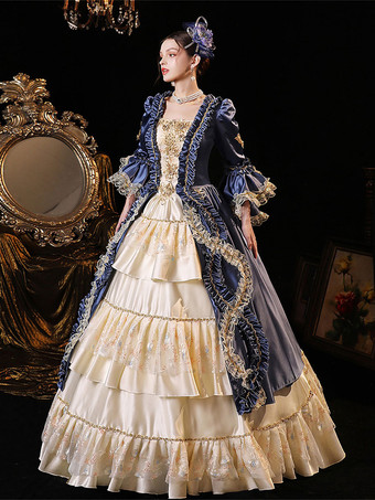 ブルーのレトロなコスチューム ポリエステル ドレス マリー ・ アントワネットの衣装の女性のバロック様式の古着