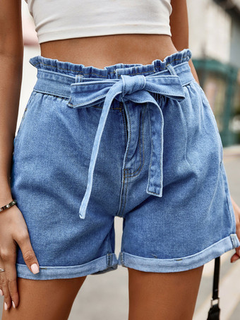 bleu Shorts Pour Femmes Décontractés À Lacets En Denim