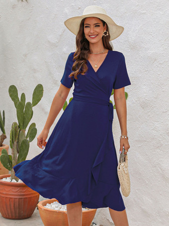 ブルー サマーミディドレス レッド Vネック フリル ビーチドレス