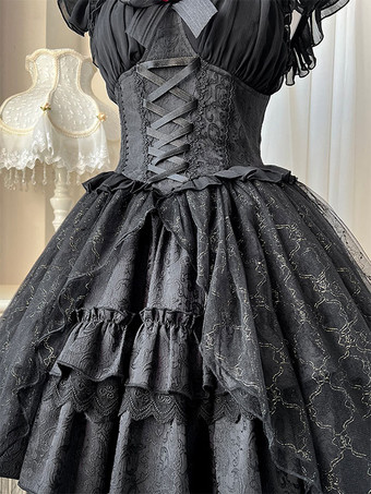 Gothic-Lolita-Kleider mit Schnürung Spitze Jacquard schwarz kurzärmlig bauschiges OP-Kleid