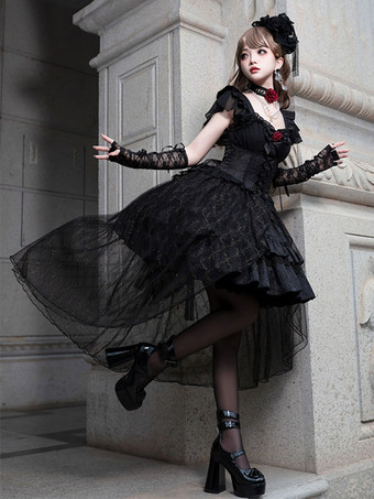 Vestidos góticos de Lolita con cordones y encaje jacquard negro de manga corta OP vestido hinchado