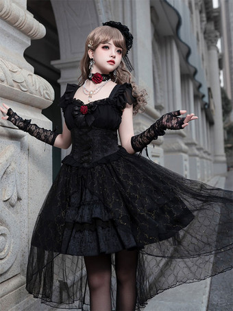 Gothic-Lolita-Kleider mit Schnürung Spitze Jacquard schwarz kurzärmlig bauschiges OP-Kleid