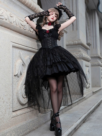 Gothic-Lolita-Kleider mit Schnürung Spitze Jacquard schwarz kurzärmlig bauschiges OP-Kleid