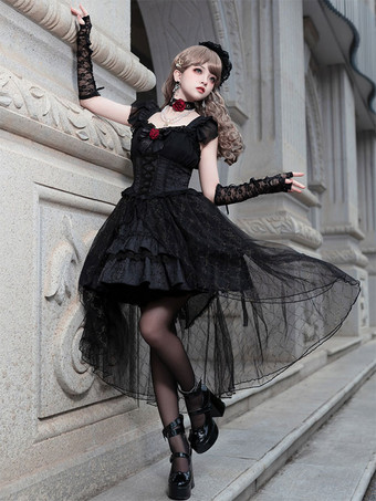Gothic-Lolita-Kleider mit Schnürung Spitze Jacquard schwarz kurzärmlig bauschiges OP-Kleid