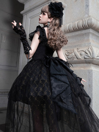 Gothic-Lolita-Kleider mit Schnürung Spitze Jacquard schwarz kurzärmlig bauschiges OP-Kleid