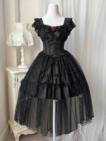 Gothic-Lolita-Kleider mit Schnürung Spitze Jacquard schwarz kurzärmlig bauschiges OP-Kleid